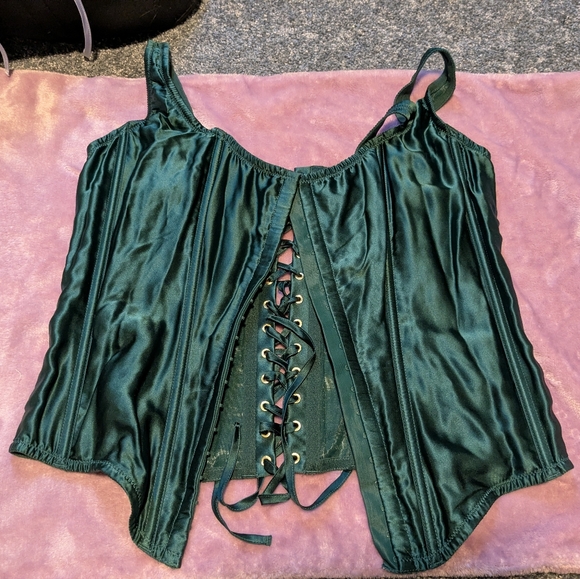 Victoria's Secret Tops - Victoria's Secret Emerald Satin Lace-Up Front Hook Close Corset And Thong